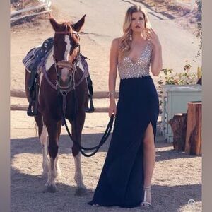 NWT Navy A-Line Gold Sequin Stretchy Front Slit Dress Prom Wedding Homecoming